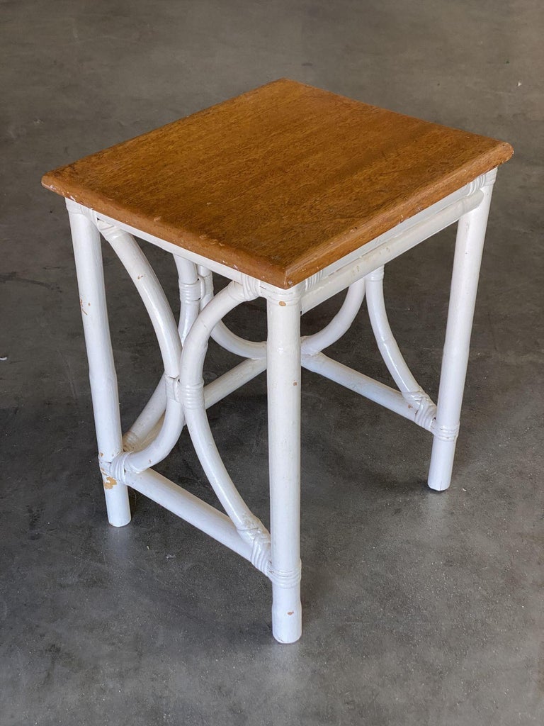 Mid-Century Set of 3 Whited Rattan Nesting Side Tables w/ Mahogany Top