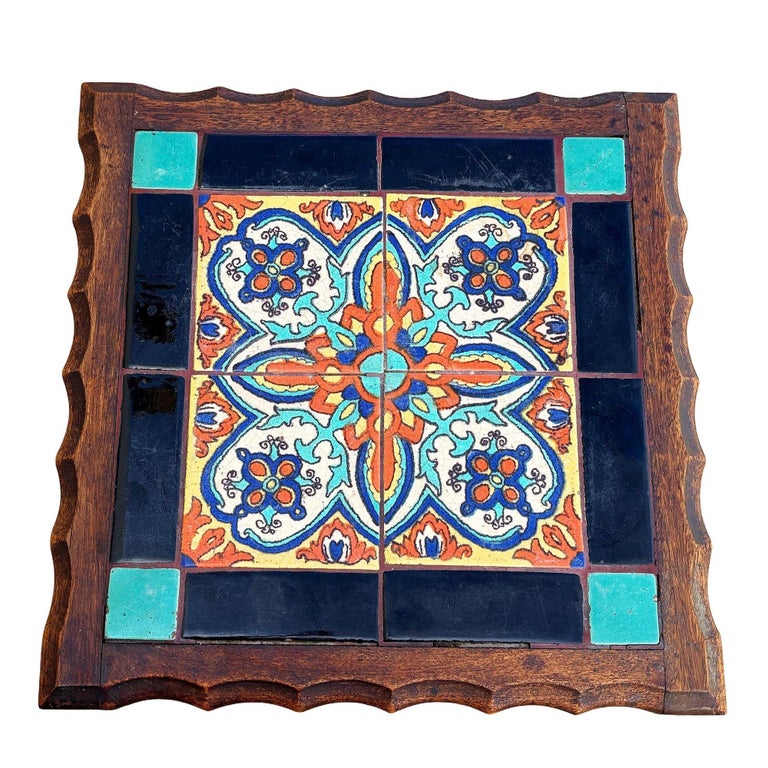 1930 Spanish Style Sculpted Dark Stained Mahogany Side Table w/ Taylor Tile-Top