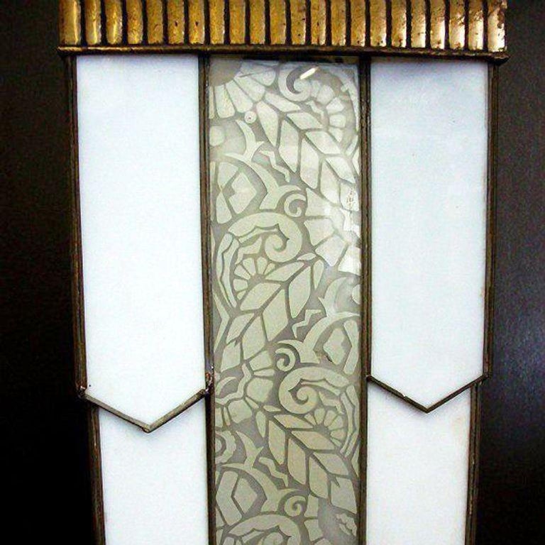 Art Deco Geometric Leaded Glass Grand Theater Chandelier w/ Bronze Scrolling Top