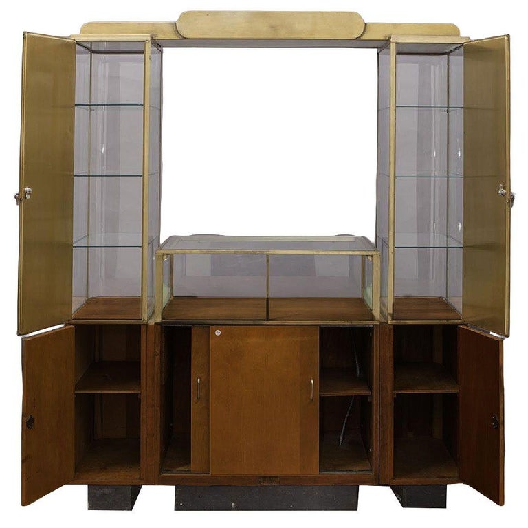 Rare Streamline Art Deco Brass & Oak Double Tower Display Case by Parker Pens