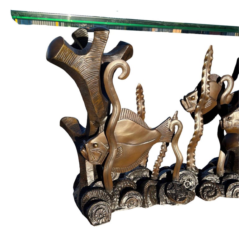 Aquatic Marcel Bouraine "Turbot" Bronze Art Deco Console Table by Phyllis Morris