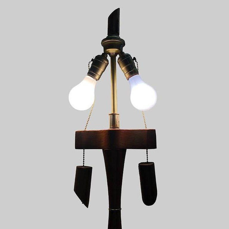 Restored High Style Koa Wood & Rattan Sculptural Floor Lamp w Ricemat Wrap, Pair