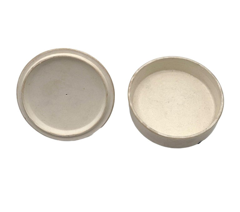 Mid-century Gray Earthenware Ceramic Vanity Powder Box w/ Female Bust Handle