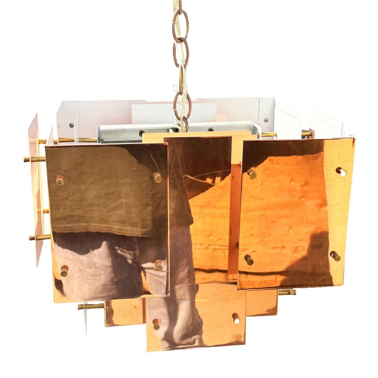 MCM Floating Panel "Cityscape" Brutalist Copper Chandelier By Robert Sonneman