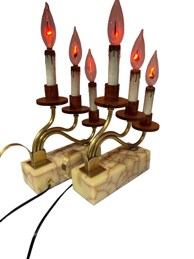 Hollywood Regency Three Candle Bakelite & Brass Table Lamp, Pair