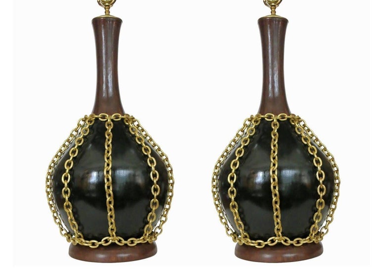 Large Midcentury Pottery Gold Tone Chain Lamps with Shade