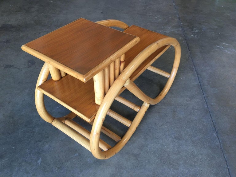 Restored 3/4 Round Pretzel Rattan Side Table w/ 2-Tier Mahogany Tops, Pair