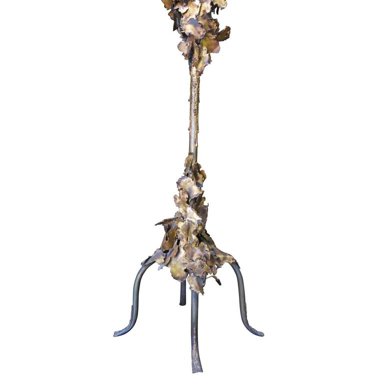 Tom Greene Style Brutalist Torch-Cut Brass Torchiere Floor Lamp