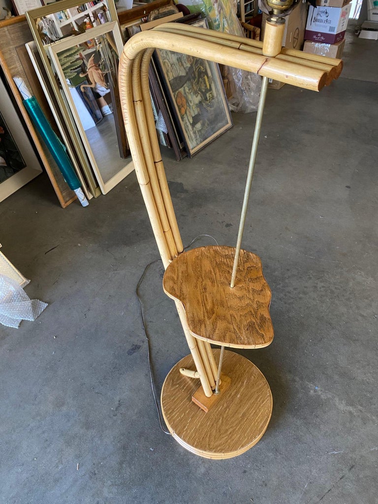 Restored Googie Asymmetric Pole Floor Lamp w/ Side Table & Fiberglass Shade