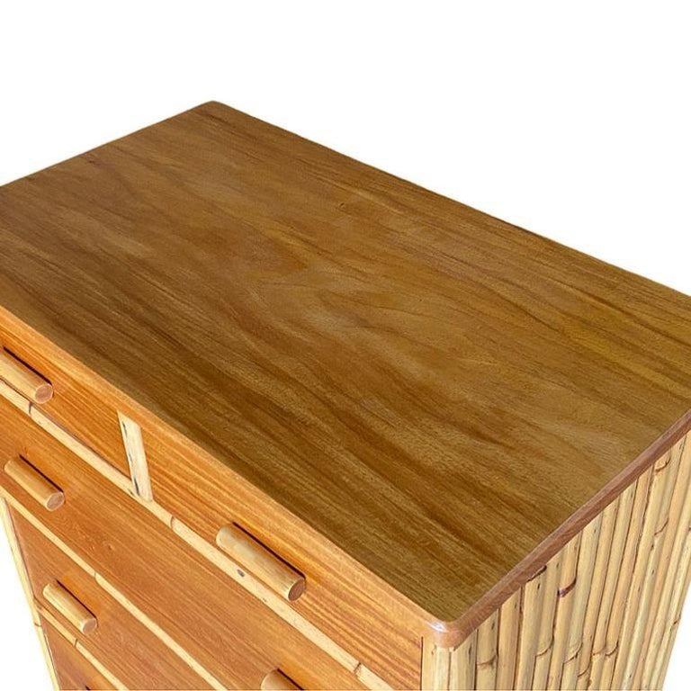 Restored Mid-century Stacked Rattan & Mahogany Highboy Dresser by Kane Kraft