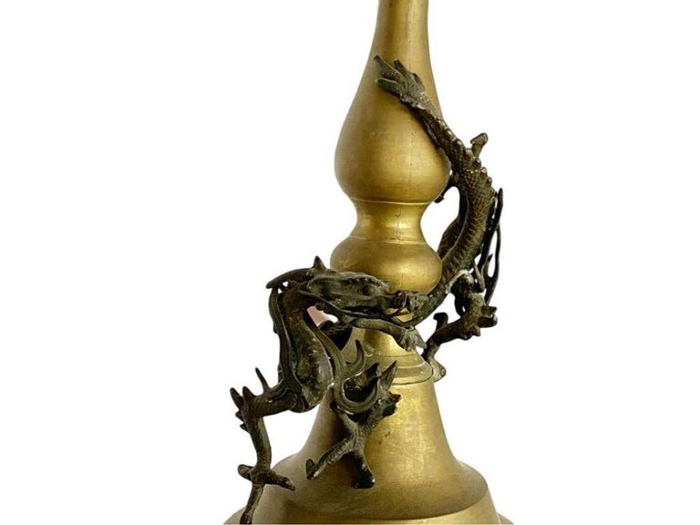 Hand Casted Brass Candlestick Holder w/ Chinese Dragon, Circa 1920
