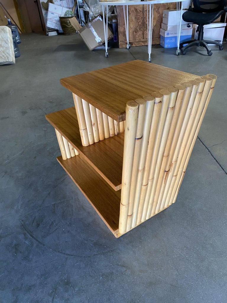 Restored Mid-Century Vertically Stacked Geometric Rattan Side Table, Mahogany