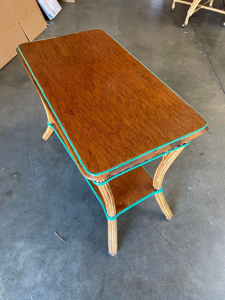 Restored Presidential Stick Reed Rattan TV Stand/Console Table w/ Mahogany Top