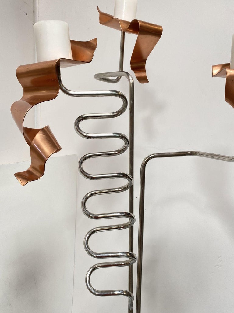 Machine Chrome & Copper 3 Arm Artist Signed Abstract Sculptural Candelabra