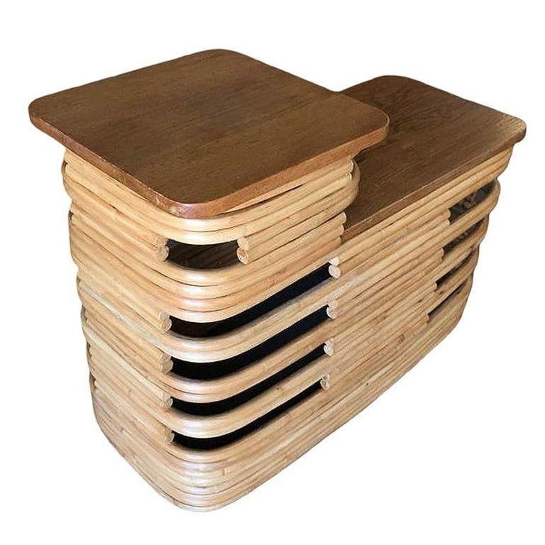 Paul Frankl-Style Stacked Rattan Side Tables with Mahogany Top, Pair, circa 1930
