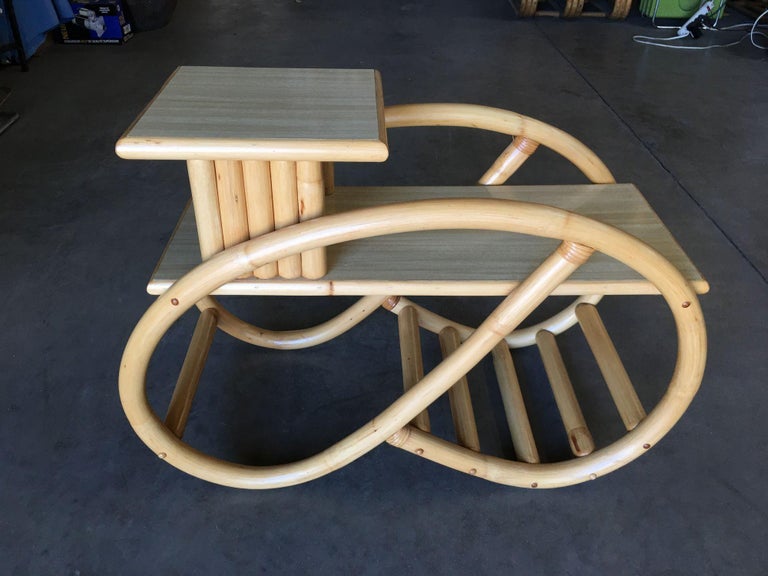 Restored 3/4 Round Pretzel Rattan Side Table with Two-Tier Formica Tops
