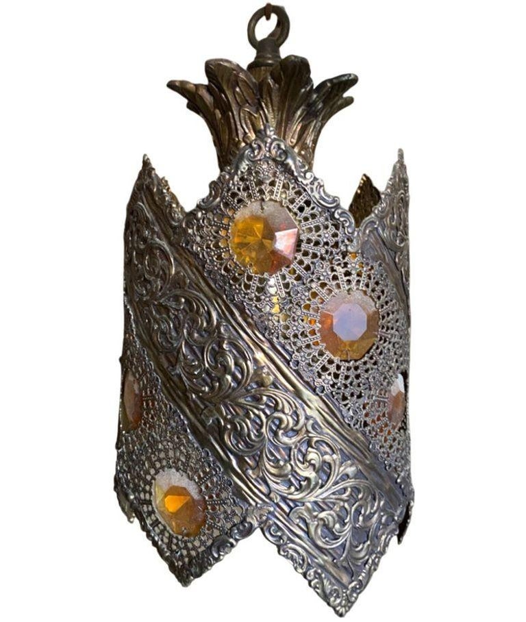Hollywood Regency Jewel Prisms Filigree 5 Light Hanging Chandelier, Circa 1950