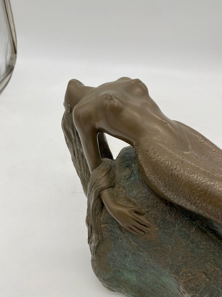 Bronze Mermaid Siren Statue on Beach Rock by James Siebert