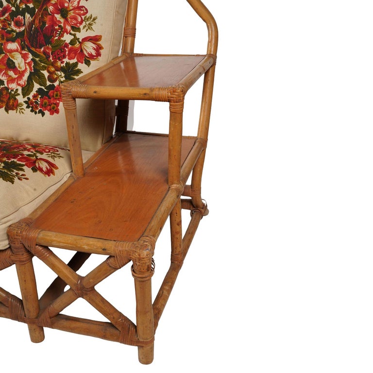 Rare MCM Stepped Rattan Sofa Chair Ottoman Livingroom Set w/ Built in End tables