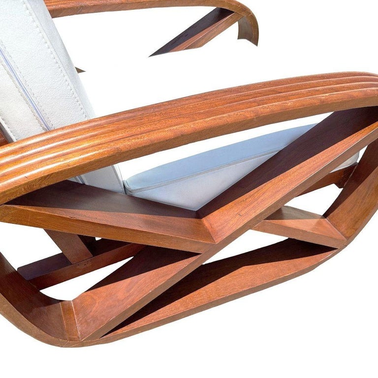 Rare 4-Strand like Carved Mahogany Square Pretzel Faux Rattan Lounge Chair, Pair