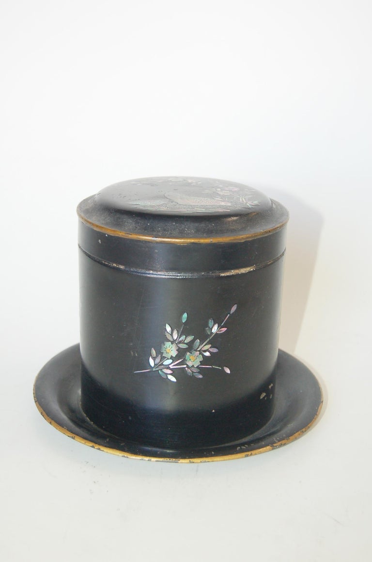 Vintage Post War Japanese Black Aboloni Round Tea Caddie Canister