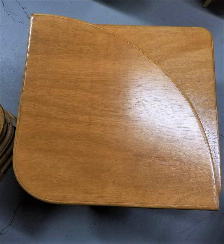 Restored Ratan and Mahogany Two-Tiered Corner Table with Stacked Rattan Base