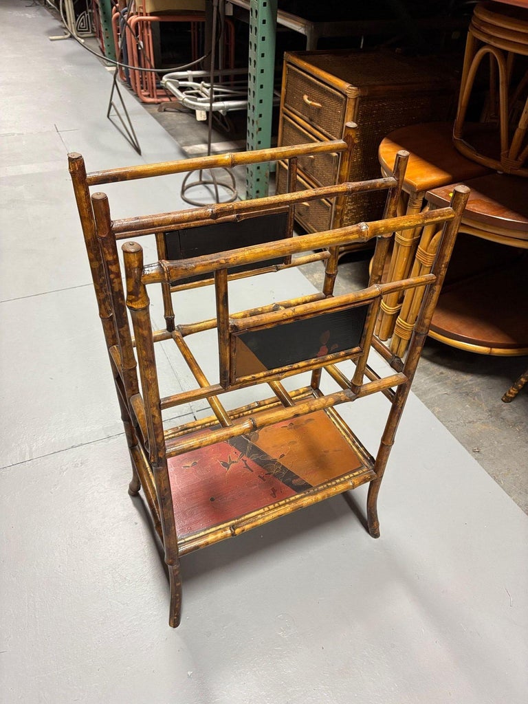Restored Aesthetic Movement Large Two-Tier Tiger Bamboo Magazine Rack w/ Divider