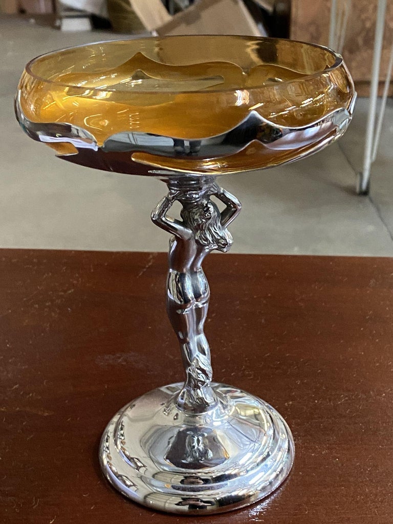 Chrome Farberware Nude Women Art Deco Compote w/ Amber Glass Cup