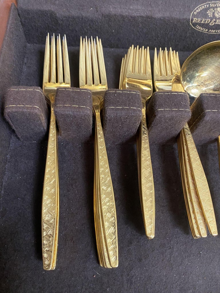 Modernist Pattern Gold Plated Stainless Flatware Set of 92 by 1847 Rogers Bros