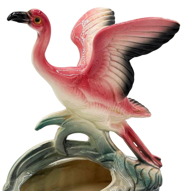 Mid-century California Pottery Ceramic Pink Open Wing Flamingo Table Planter