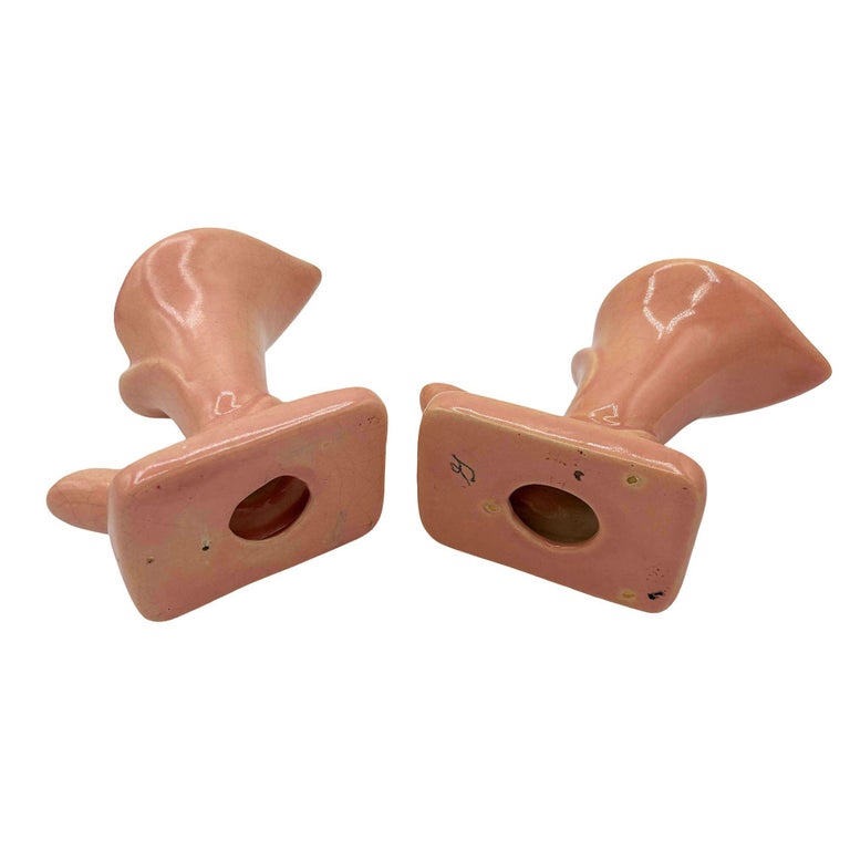 Mid-century Modern Pink Calla Lilly Horn Shaped Ceramic Vase, Pair