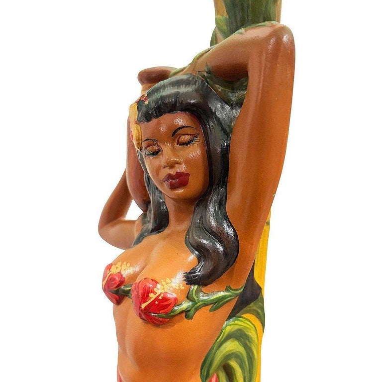 MCM Hand Painted Hawaiian Hula Resin Table Lamp by Santana w/ Wipplestitch Shade
