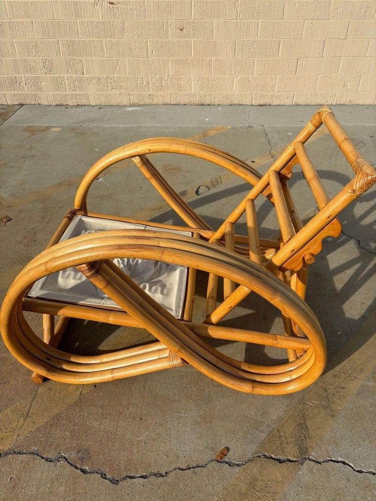 Restored 3-Strand 3/4 Pretzel Rattan Adjustable Reclining Lounge Chair w Ottoman