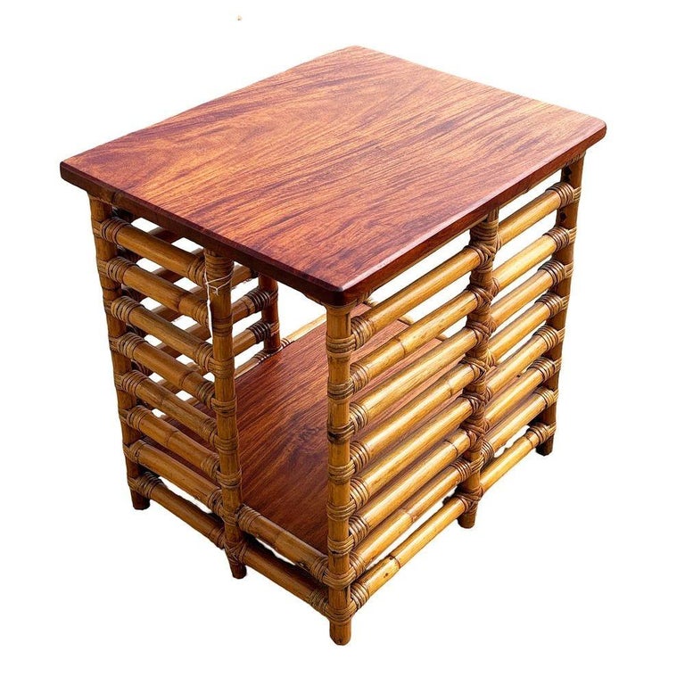 Restored Rattan "Jacob's Ladder" Storage Side Table with Mahogany Top