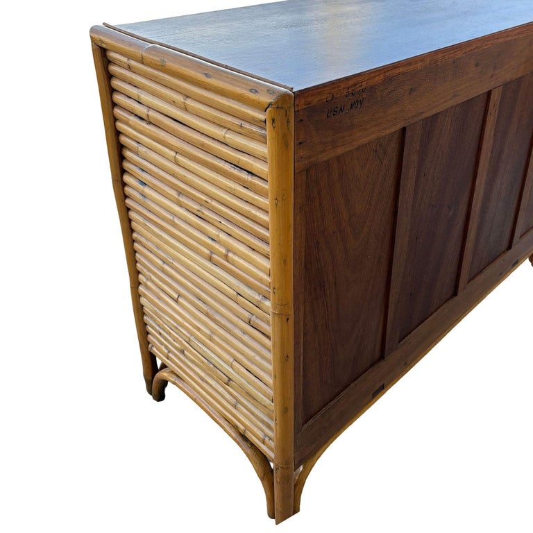 Restored Early Mid-century Stacked Rattan Credenza TV Stand w/ Mahogany Top