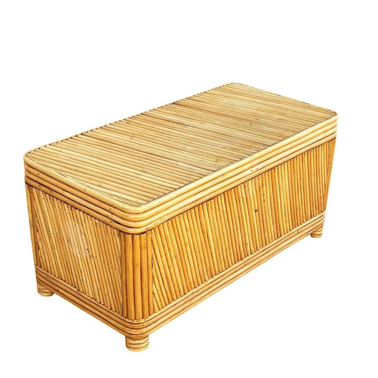 Restored Mid-century Split Reed Rattan & Pine Trunk w/ Brass Paktong Latch