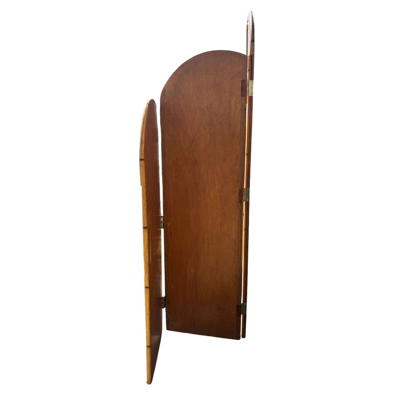 Restored 3-Panel Art Deco Palm Frond Design Rattan Mirror Folding Screen