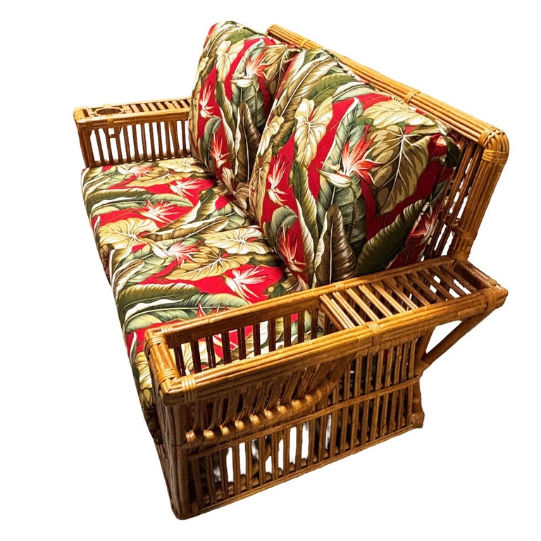 Deco Style "Presidents" Stick Reed Rattan Nantucket 3-Seat Sofa, Floral Cushions