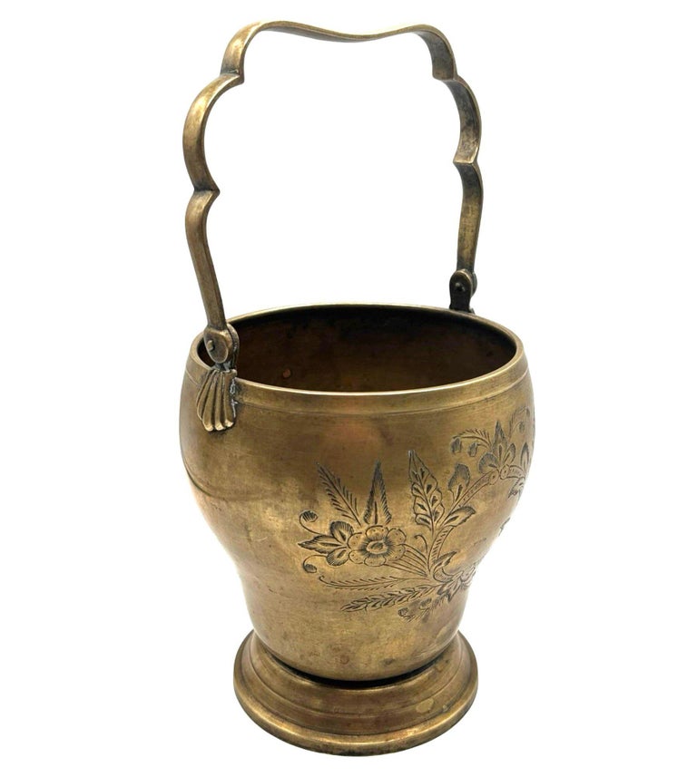 Late Victorian Hand Etched Floral Brass Ice Bucket w/ Whimsical Handle