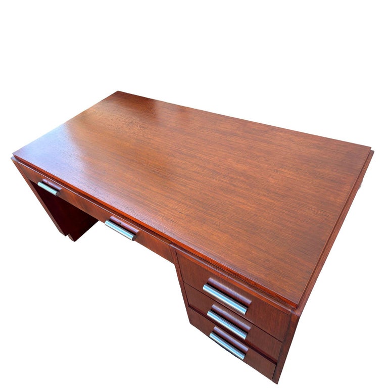 1930s Restored French Art Deco Mahogany and Chrome Executive Desk w/ Bookshelves