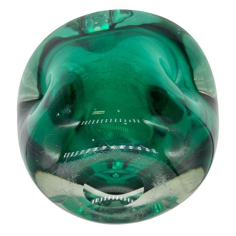 Hand Blown Emerald Green Murano Weighted Cased Art Glass Ashtray