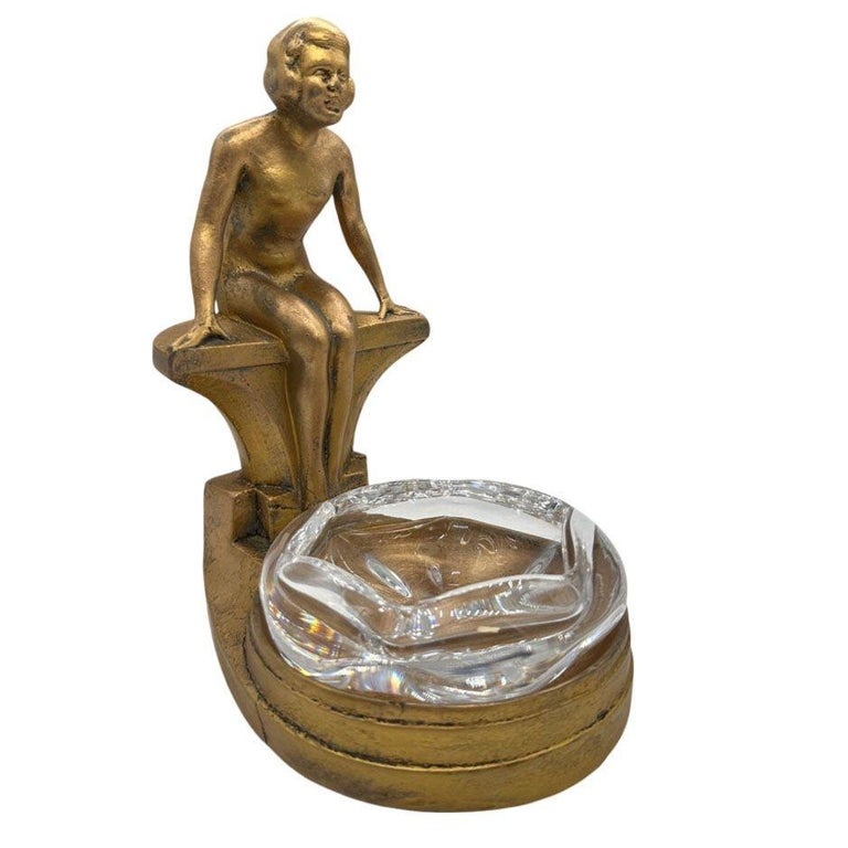 Art Deco Nude Woman Seated at Pool Bronze & Crystal Sculpter Ashtray by Nuart