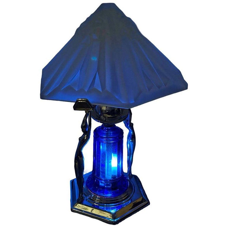 Frankart Era Art Deco Style Chrome & Cobalt Figural Lamp w/ Vivian Glass Shade