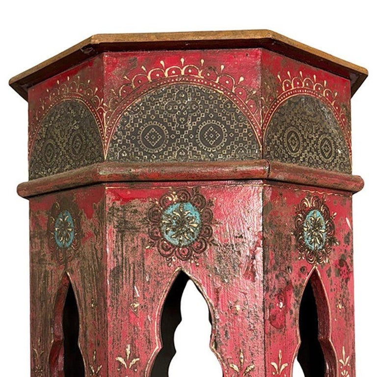 Hand Painted Moroccan Hexagon Wooden Boho Side Table w/ Brass Inlays