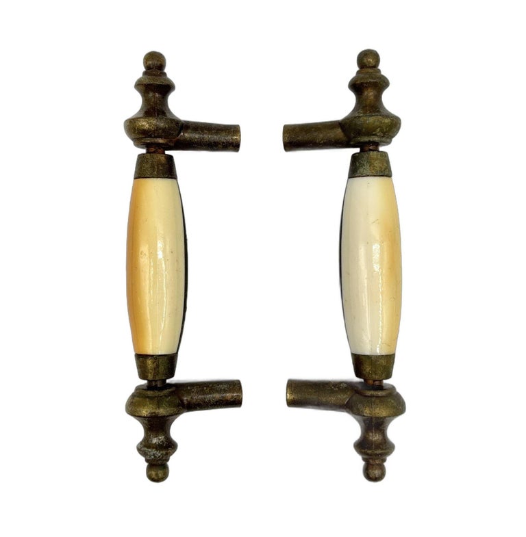 5" Patinaed Brass & Porcelain Drawer Pull Handle w/ Steeple Tips , Set of 29