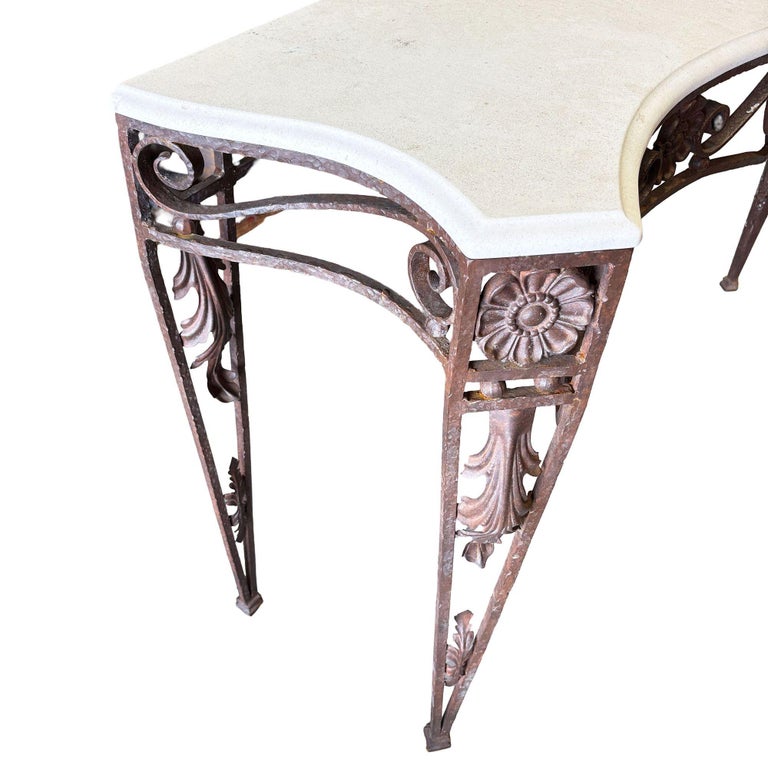 20th Century Neo-Gothic Bronze Colored Cast Iron Console w/ Carrara Marble Top
