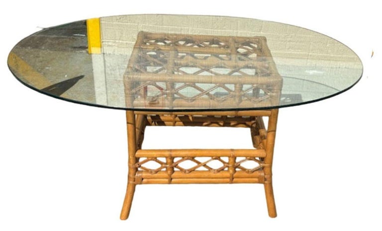 Restored Mid-century Rattan Dining Table & Chairs w/ Leopard Print Cushions