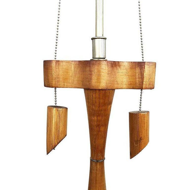 Restored High Style Koa Wood & Rattan Sculptural Floor Lamp w Ricemat Wrap, Pair