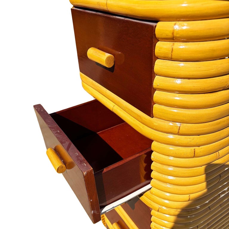 Restored Paul Frankl Style Stacked Rattan & Mahogany Petite Chest of 4 Drawers
