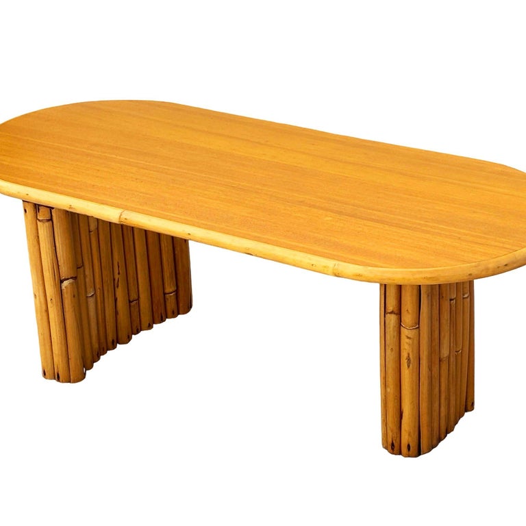 Restored Rattan & Koa Wood Oval Surfboard Coffee Table w/ Stacked Rattan Legs